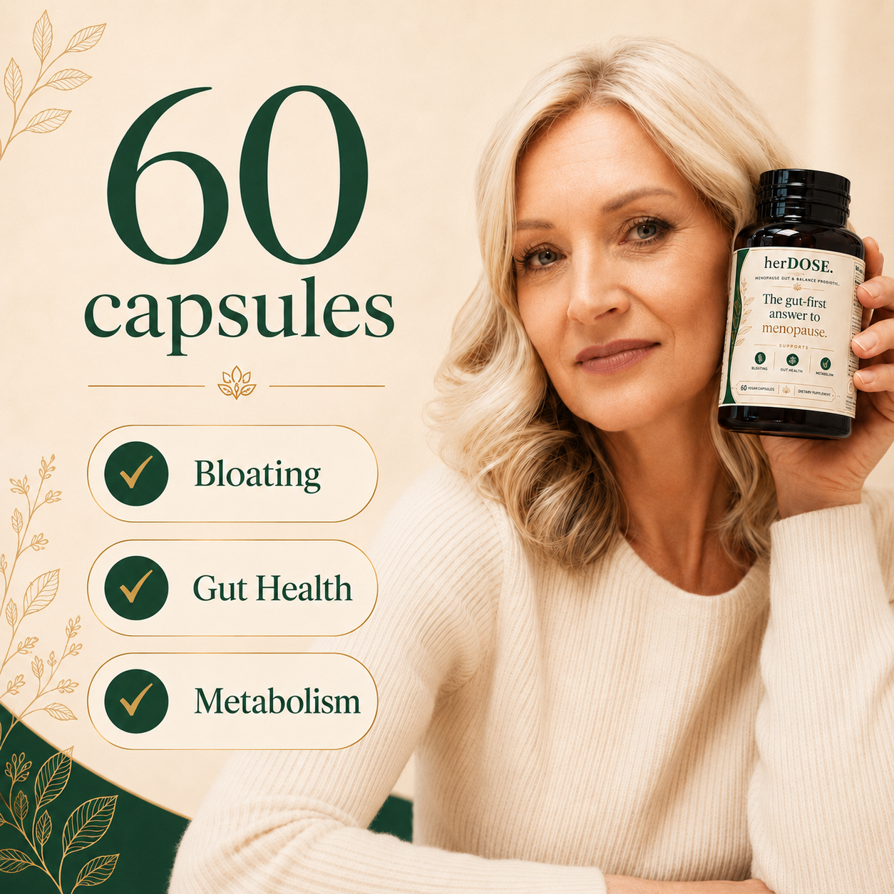 Woman holding herDOSE 60 capsules