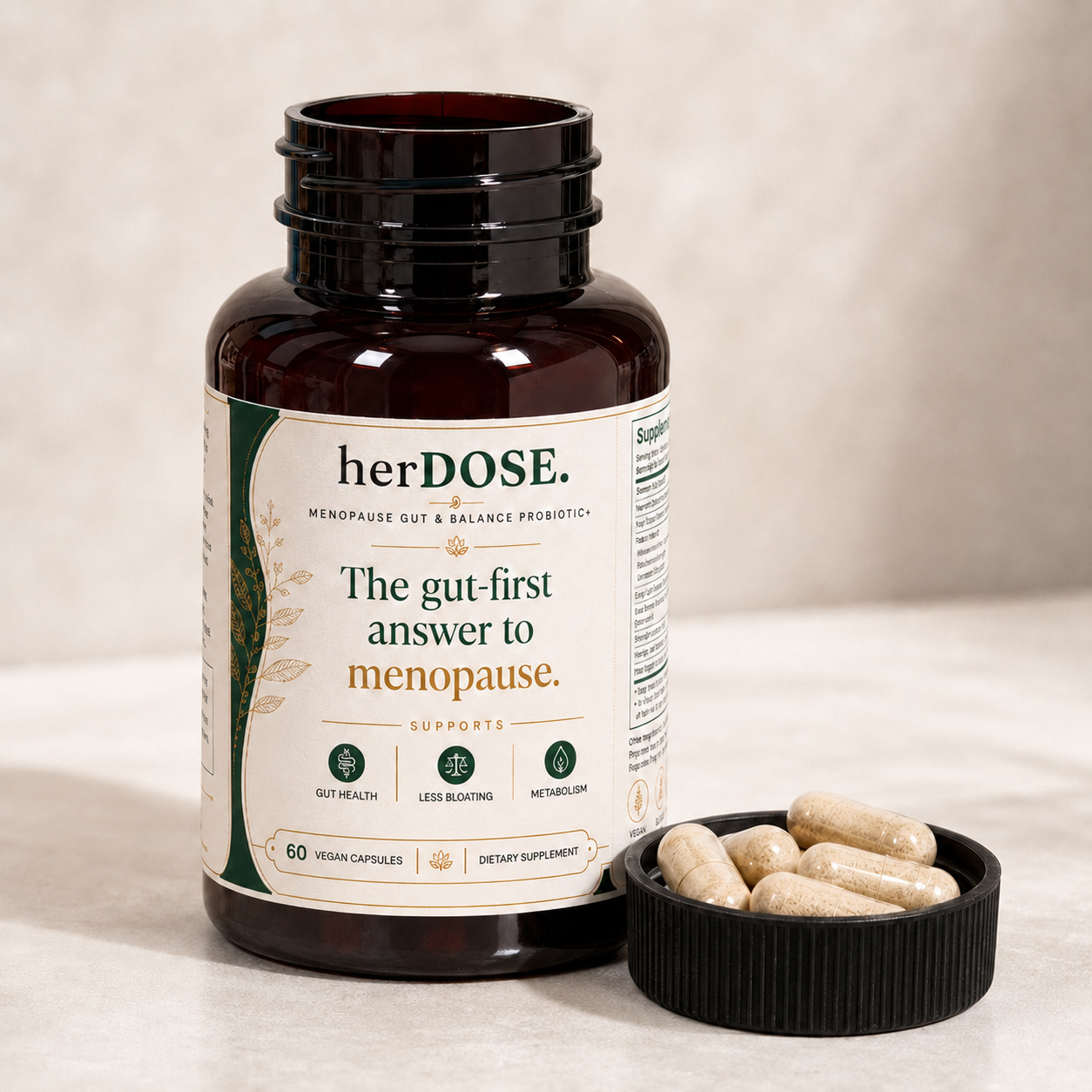 herDOSE Menopause Gut & Balance Probiotic+ bottle